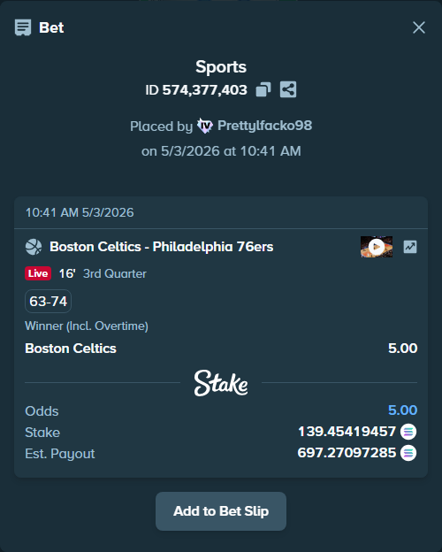 Bet slip: Boston Celtics - Philadelphia 76ers, $10,252.67 stake at 5.00 odds, placed by Prettylfacko98