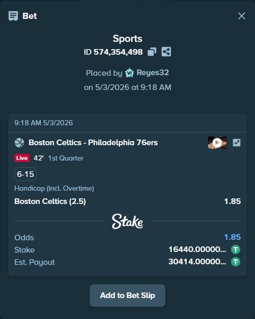 Bet slip: Boston Celtics - Philadelphia 76ers, $16,440.00 stake at 1.85 odds, placed by Reyes32