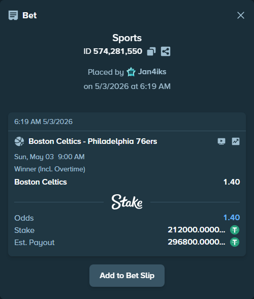 Bet slip: Boston Celtics - Philadelphia 76ers, $212,000.00 stake at 1.40 odds, placed by Jan4iks