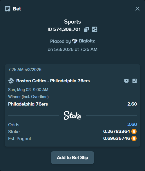 Bet slip: Boston Celtics - Philadelphia 76ers, $17,216.88 stake at 2.60 odds, placed by Bigfoltz