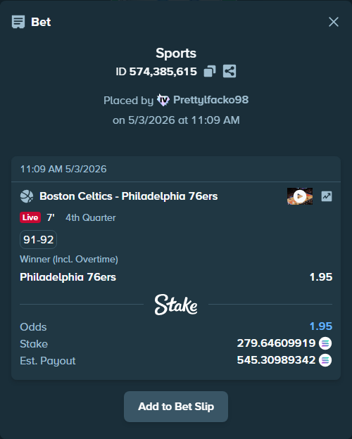 Bet slip: Boston Celtics - Philadelphia 76ers, $20,559.58 stake at 1.95 odds, placed by Prettylfacko98