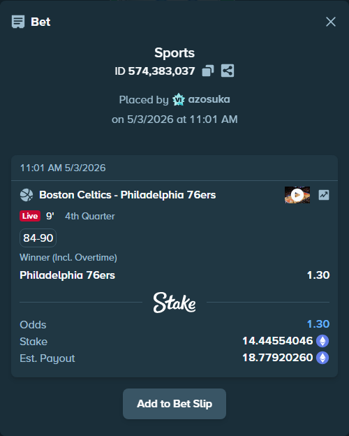 Bet slip: Boston Celtics - Philadelphia 76ers, $25,078.04 stake at 1.30 odds, placed by azosuka