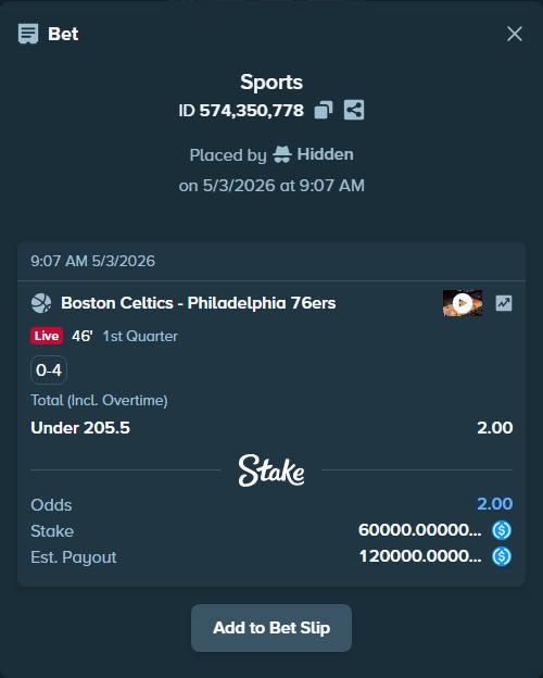 Bet slip: Boston Celtics - Philadelphia 76ers, $60,000.00 stake at 2.00 odds, placed by Hidden
