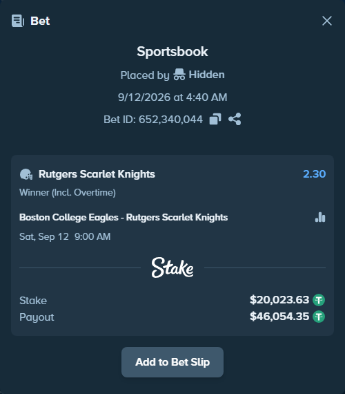 Bet slip: Boston College Eagles - Rutgers Scarlet Knights, $20,023.63 stake at 2.30 odds, placed by Hidden