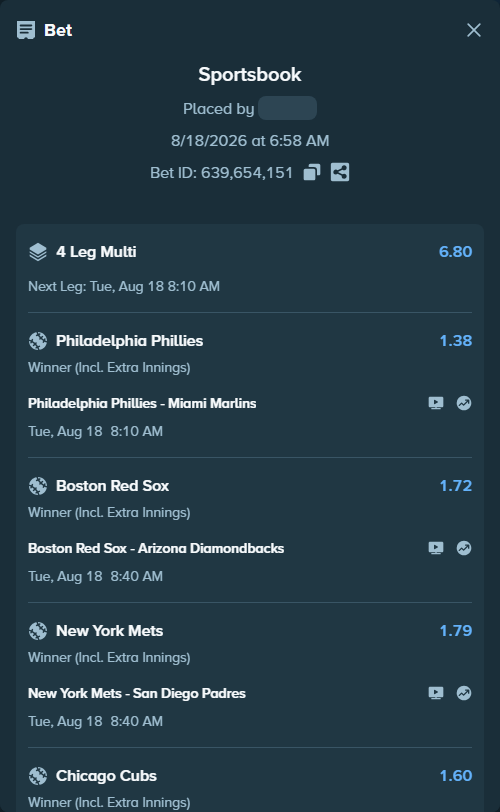 Bet slip: Boston Red Sox - Arizona Diamondbacks, $25,000.00 stake at 1.72 odds, placed by Cabrzy