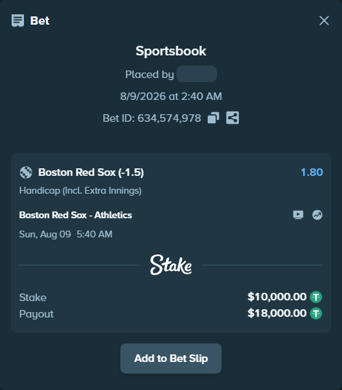 Bet slip: Boston Red Sox - Athletics, $10,010.00 stake at 1.80 odds, placed by floutp451