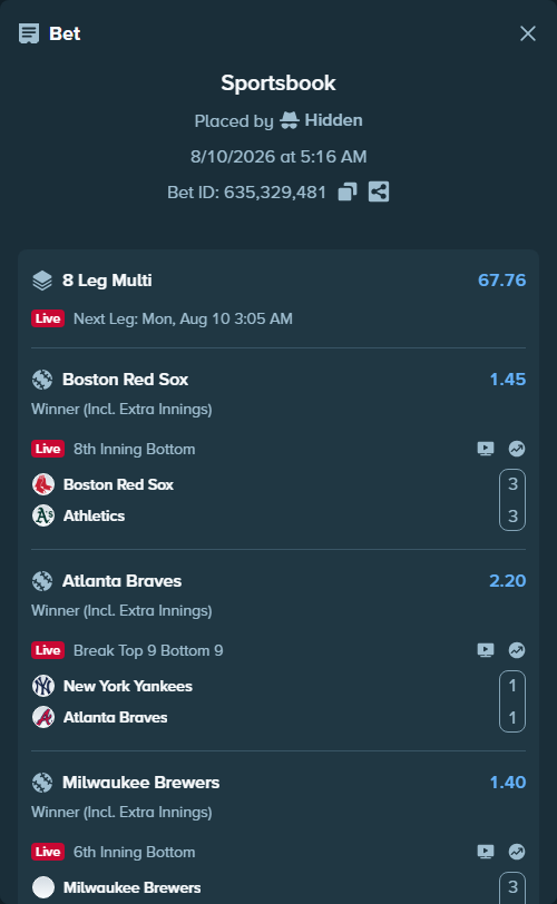 Bet slip: Boston Red Sox - Athletics, $11,450.58 stake at 1.45 odds, placed by Hidden