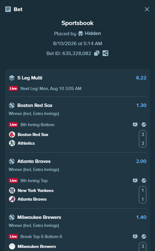 Bet slip: Boston Red Sox - Athletics, $50,000.00 stake at 1.30 odds, placed by Hidden