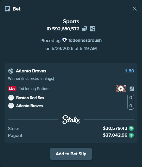 Bet slip: Boston Red Sox - Atlanta Braves, $20,600.00 stake at 1.80 odds, placed by fadennesaroush