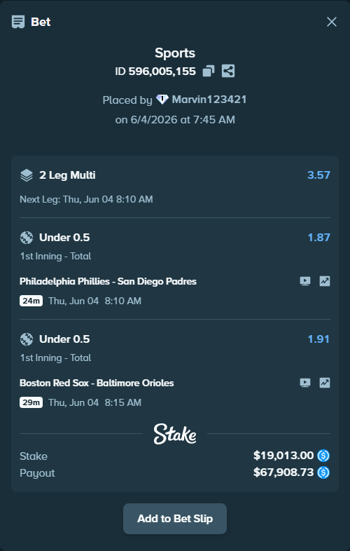 Bet slip: Boston Red Sox - Baltimore Orioles, $19,013.00 stake at 1.91 odds, placed by Marvin123421