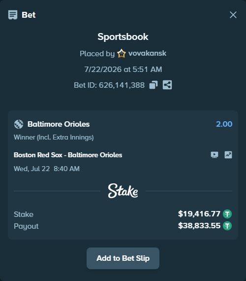 Bet slip: Boston Red Sox - Baltimore Orioles, $19,436.19 stake at 2.00 odds, placed by vovakansk
