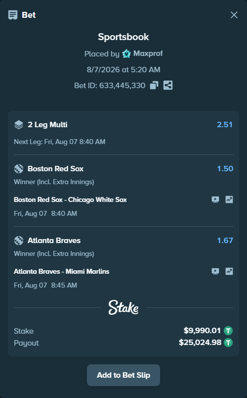 Bet slip: Boston Red Sox - Chicago White Sox, $10,000.00 stake at 1.50 odds, placed by Maxprof