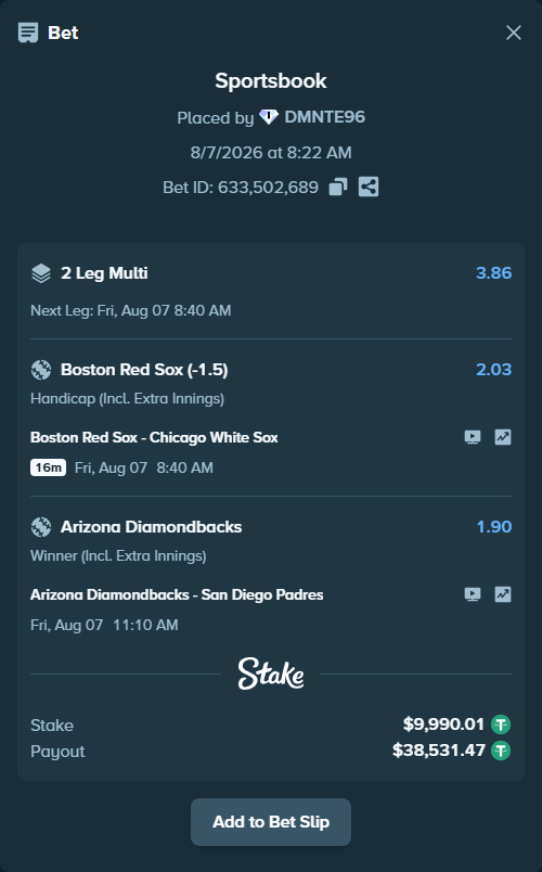 Bet slip: Boston Red Sox - Chicago White Sox, $10,000.00 stake at 2.03 odds, placed by DMNTE96