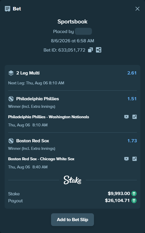 Bet slip: Boston Red Sox - Chicago White Sox, $10,002.99 stake at 1.73 odds, placed by ggochangi