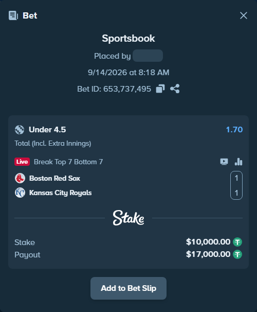 Bet slip: Boston Red Sox - Kansas City Royals, $10,000.00 stake at 1.70 odds, placed by Pepi1968