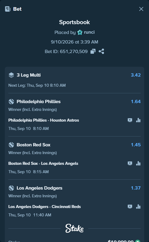 Bet slip: Boston Red Sox - Los Angeles Angels, $10,000.00 stake at 1.45 odds, placed by runci