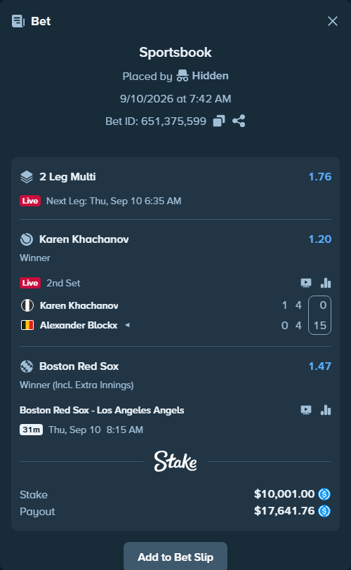 Bet slip: Boston Red Sox - Los Angeles Angels, $10,001.00 stake at 1.47 odds, placed by Hidden