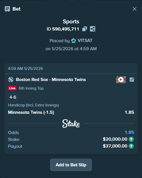 Bet slip: Boston Red Sox - Minnesota Twins, $20,000.00 stake at 1.85 odds, placed by VITSAT
