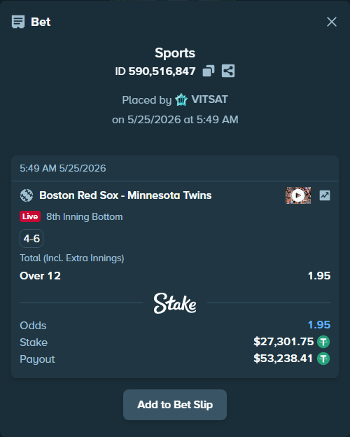 Bet slip: Boston Red Sox - Minnesota Twins, $27,301.75 stake at 1.95 odds, placed by VITSAT