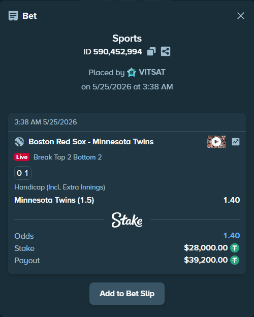 Bet slip: Boston Red Sox - Minnesota Twins, $28,000.00 stake at 1.40 odds, placed by VITSAT