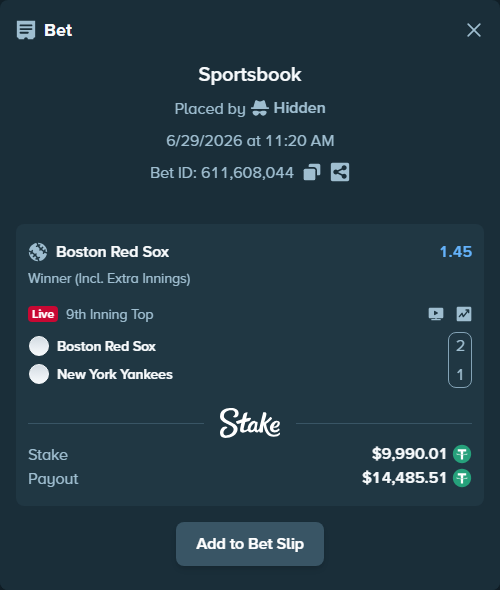 Bet slip: Boston Red Sox - New York Yankees, $10,000.00 stake at 1.45 odds, placed by Hidden