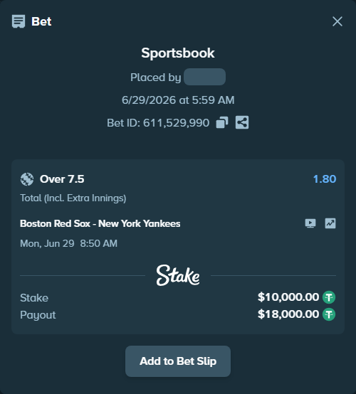 Bet slip: Boston Red Sox - New York Yankees, $10,010.00 stake at 1.80 odds, placed by zhanjinkun