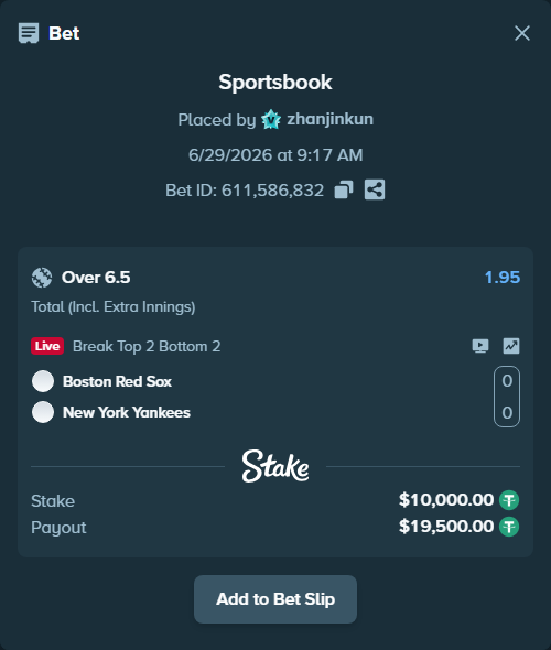 Bet slip: Boston Red Sox - New York Yankees, $10,010.00 stake at 1.95 odds, placed by zhanjinkun