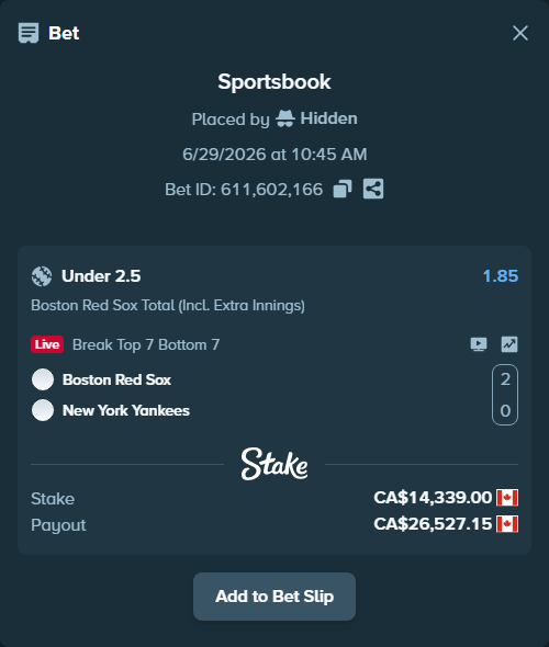 Bet slip: Boston Red Sox - New York Yankees, $10,610.86 stake at 1.85 odds, placed by Hidden