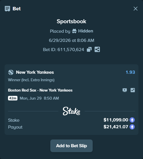 Bet slip: Boston Red Sox - New York Yankees, $12,459.44 stake at 1.93 odds, placed by Hidden