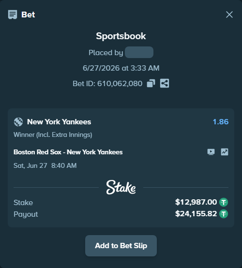 Bet slip: Boston Red Sox - New York Yankees, $12,999.99 stake at 1.86 odds, placed by Othmane2kiks