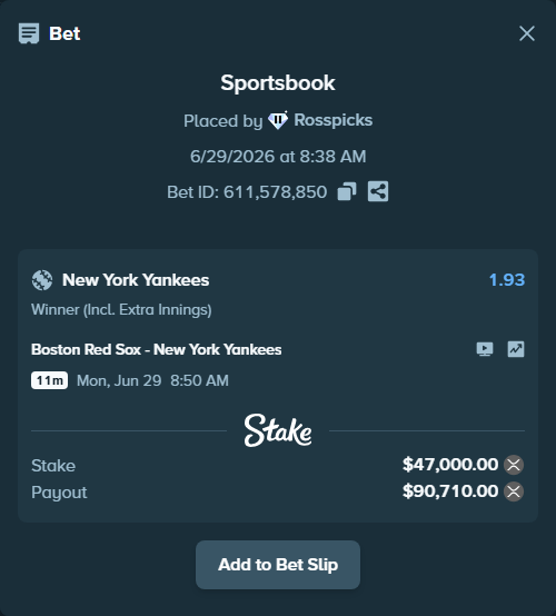 Bet slip: Boston Red Sox - New York Yankees, $51,608.26 stake at 1.93 odds, placed by Rosspicks