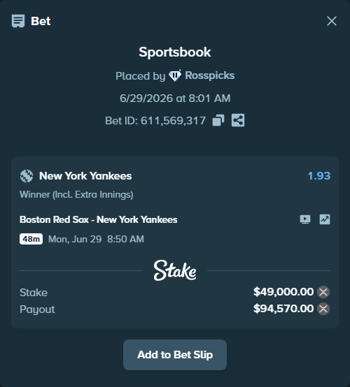 Bet slip: Boston Red Sox - New York Yankees, $53,698.22 stake at 1.93 odds, placed by Rosspicks