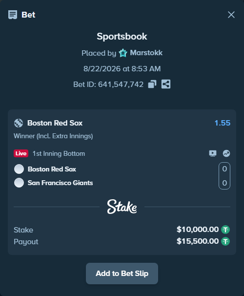 Bet slip: Boston Red Sox - San Francisco Giants, $10,000.00 stake at 1.55 odds, placed by Marstokk