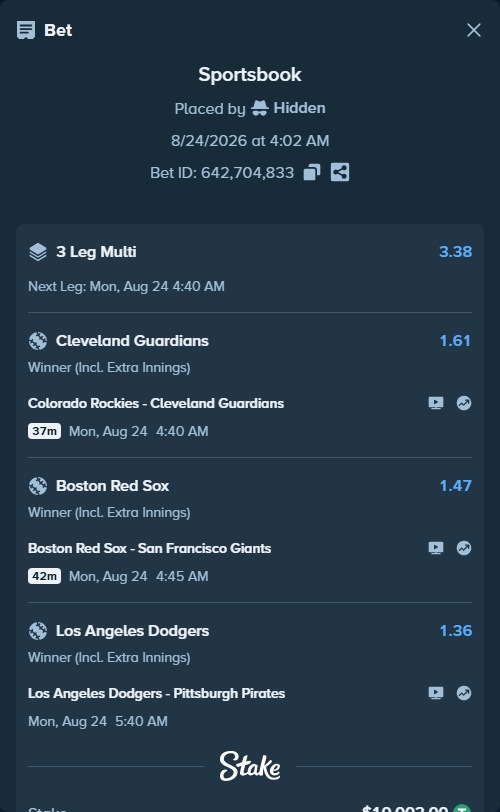 Bet slip: Boston Red Sox - San Francisco Giants, $10,001.00 stake at 1.47 odds, placed by Hidden