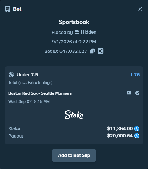 Bet slip: Boston Red Sox - Seattle Mariners, $11,364.00 stake at 1.76 odds, placed by Hidden