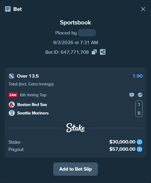 Bet slip: Boston Red Sox - Seattle Mariners, $30,000.00 stake at 1.90 odds, placed by privetmedvet15