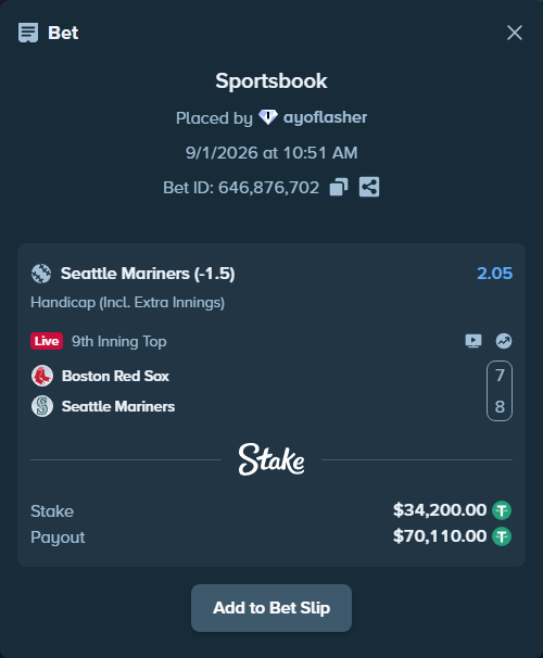 Bet slip: Boston Red Sox - Seattle Mariners, $34,200.00 stake at 2.05 odds, placed by ayoflasher