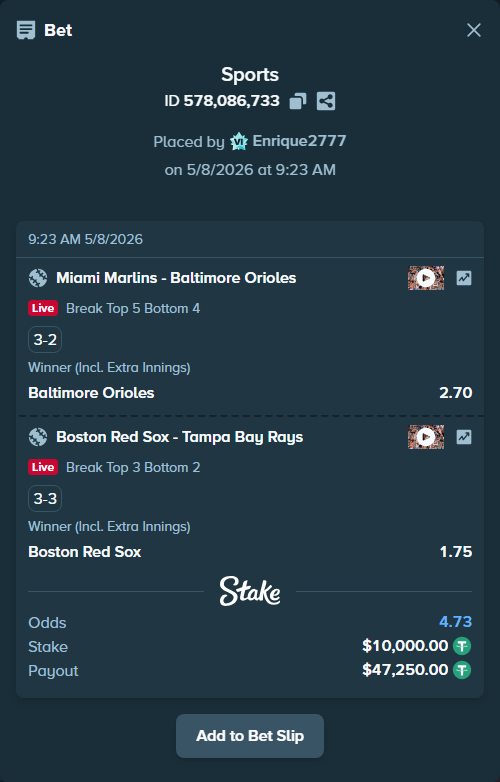 Bet slip: Boston Red Sox - Tampa Bay Rays, $10,000.00 stake at 1.75 odds, placed by Enrique2777