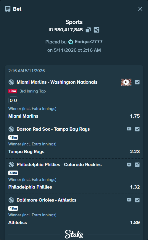 Bet slip: Boston Red Sox - Tampa Bay Rays, $10,000.00 stake at 2.23 odds, placed by Enrique2777