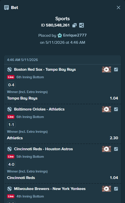 Bet slip: Boston Red Sox - Tampa Bay Rays, $10,000.00 stake at 1.04 odds, placed by Enrique2777