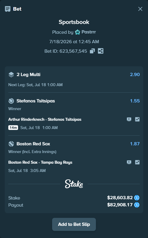 Bet slip: Boston Red Sox - Tampa Bay Rays, $28,603.82 stake at 1.87 odds, placed by Pastrrr