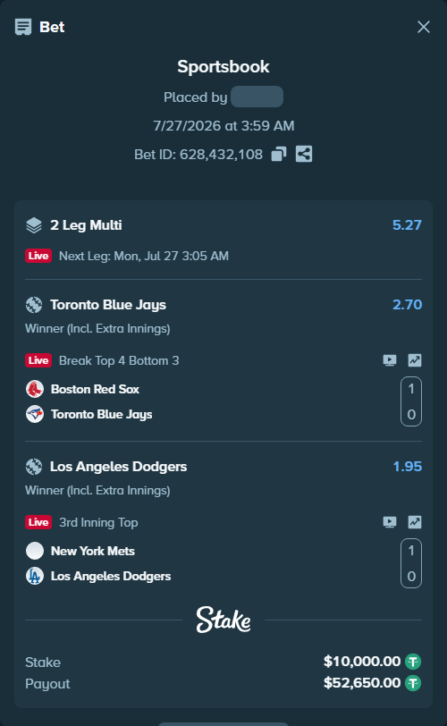 Bet slip: Boston Red Sox - Toronto Blue Jays, $10,000.00 stake at 2.70 odds, placed by DMNTE96