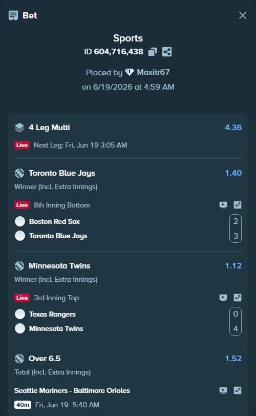 Bet slip: Boston Red Sox - Toronto Blue Jays, $10,010.00 stake at 1.40 odds, placed by Maxitr67