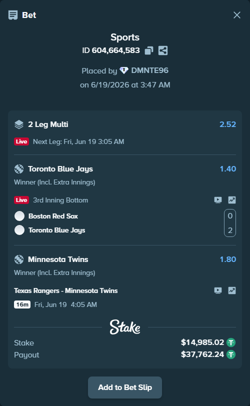Bet slip: Boston Red Sox - Toronto Blue Jays, $15,000.00 stake at 1.40 odds, placed by DMNTE96
