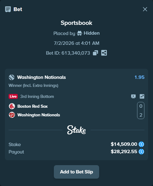 Bet slip: Boston Red Sox - Washington Nationals, $14,509.00 stake at 1.95 odds, placed by Hidden