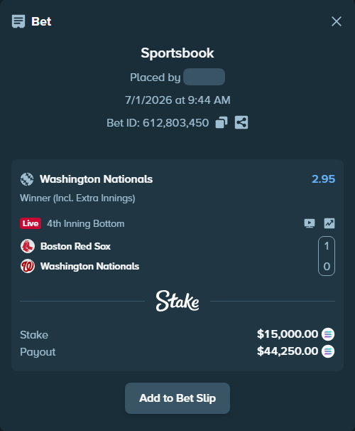 Bet slip: Boston Red Sox - Washington Nationals, $16,758.60 stake at 2.95 odds, placed by Marvin123421