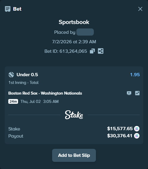 Bet slip: Boston Red Sox - Washington Nationals, $16,559.36 stake at 1.95 odds, placed by Marvin123421