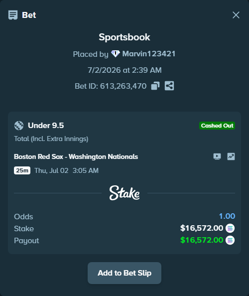 Bet slip: Boston Red Sox - Washington Nationals, $17,618.53 stake at 1.91 odds, placed by Marvin123421