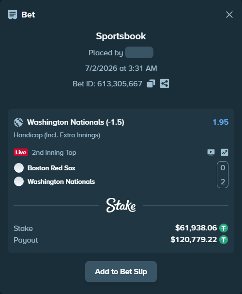 Bet slip: Boston Red Sox - Washington Nationals, $62,000.00 stake at 1.95 odds, placed by ayoflasher