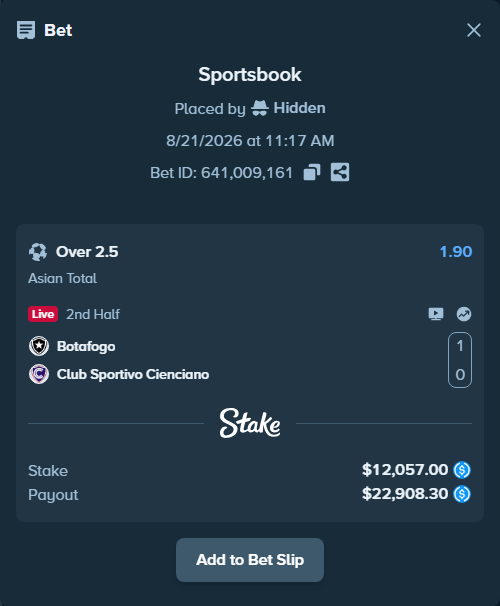 Bet slip: Botafogo - Cienciano, $12,057.00 stake at 1.90 odds, placed by Hidden